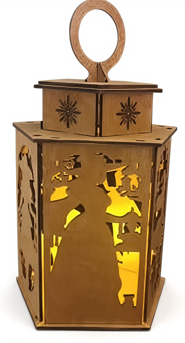 Lanterne Halloween en bois de 280mm, motifs sorcière et chauve-souris ajourés, artisanat français