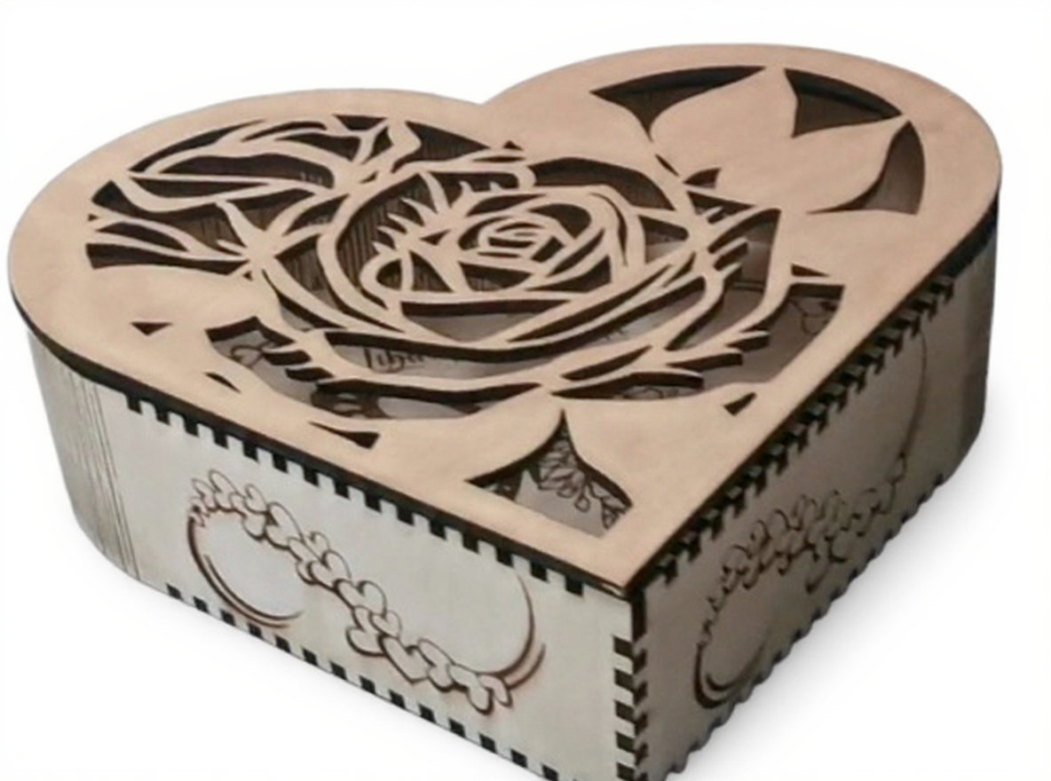 Boîte cœur bois ajouré motif Rose floral