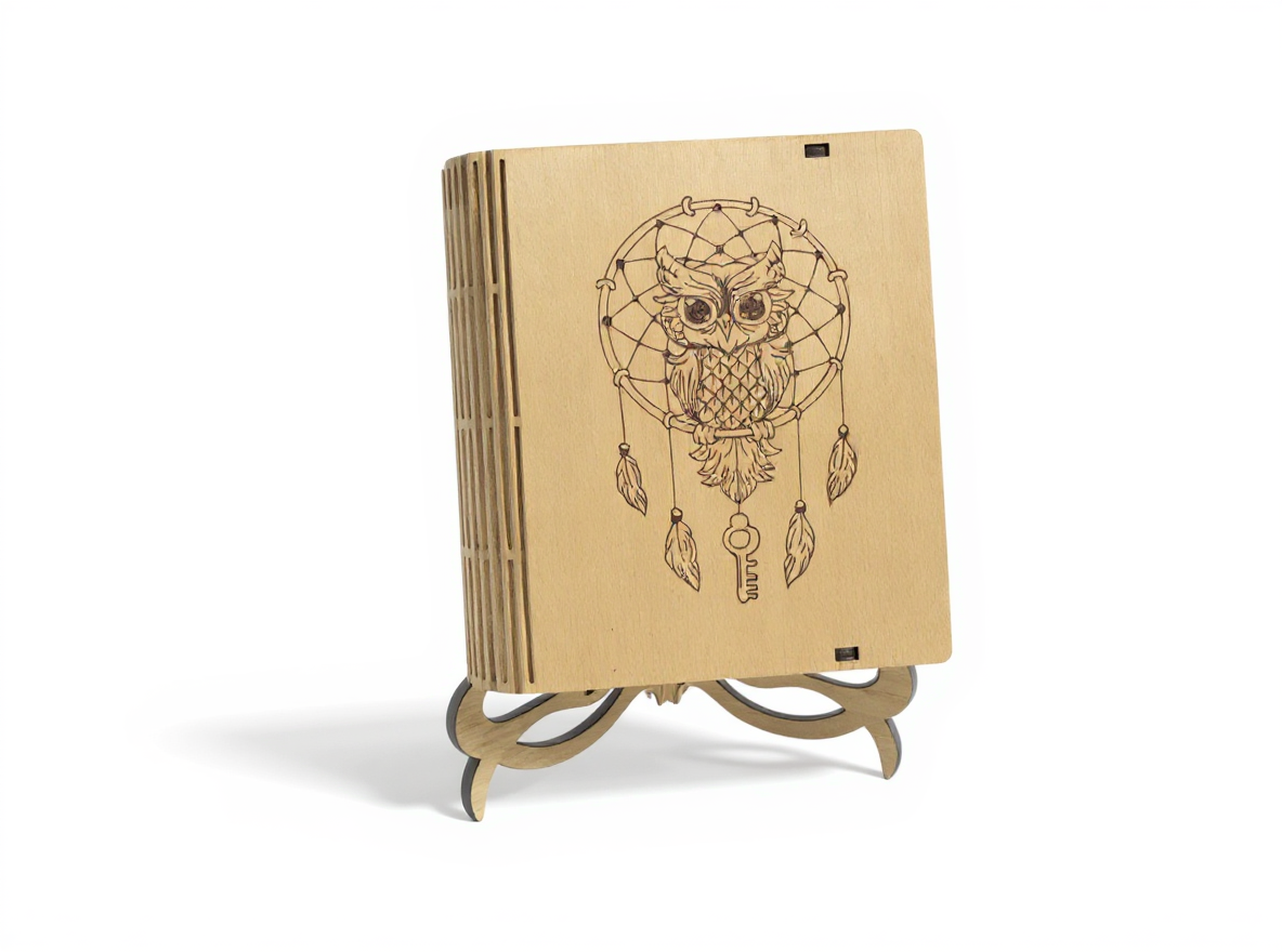 Box livre en bois décorative avec motif attrape-rêves et hibou, artisanat français