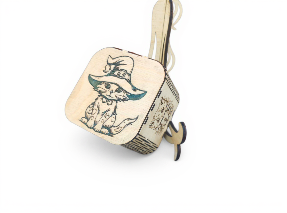 Box Accordéon en bois 85x85x85 mm gravée au laser avec illustration de chat magique au chapeau, fabrication artisanale à Neuilly-sur-Marne