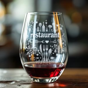Verre à vin personnalisé avec gravure "Restaurant" et motifs gastronomiques, parfait pour les professionnels ou les amateurs de vin