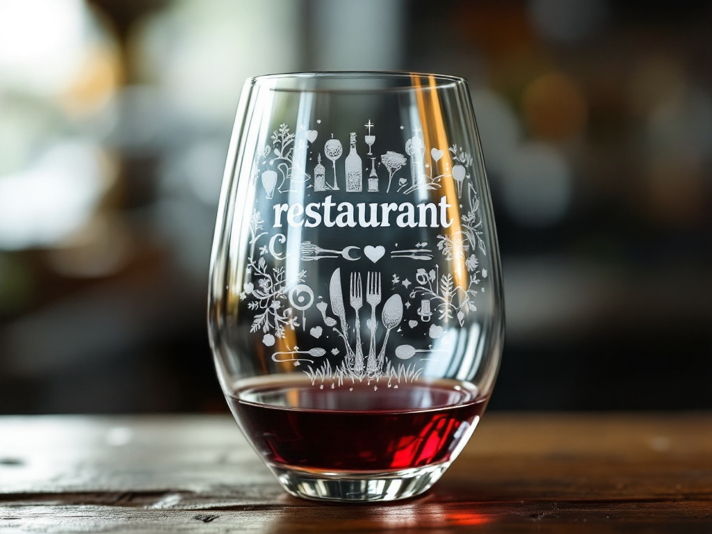 Verre à vin personnalisé avec gravure "Restaurant" et motifs gastronomiques, parfait pour les professionnels ou les amateurs de vin