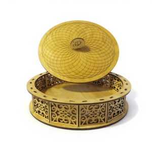 Box orientale ronde en bois 380x380x50mm, motifs arabesques ajourés, artisanat français