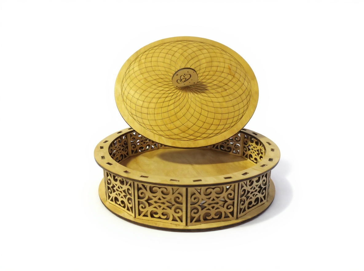 Box orientale ronde en bois 380x380x50mm, motifs arabesques ajourés, artisanat français
