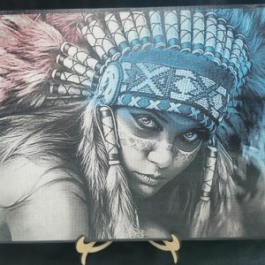 Tableau décoratif représentant un portrait amérindien avec coiffe en plumes, création artistique unique, fait main en France