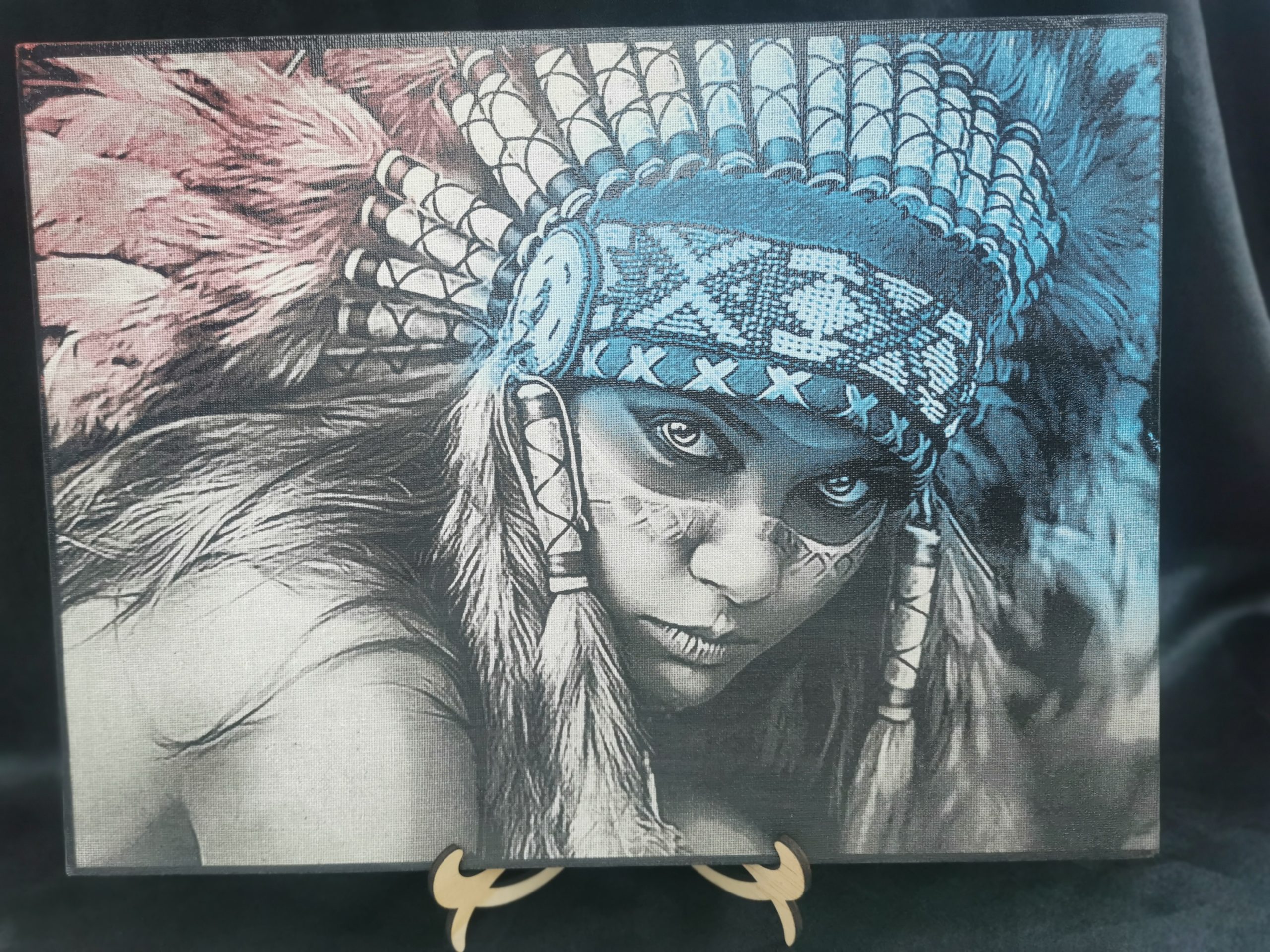 Tableau décoratif représentant un portrait amérindien avec coiffe en plumes, création artistique unique, fait main en France