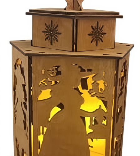 Lanterne Halloween en bois de 280mm, motifs sorcière et chauve-souris ajourés, artisanat français