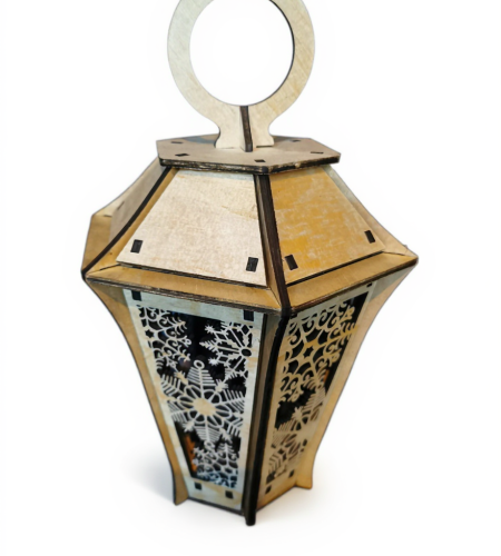 Lanterne de Noël en bois de 270mm, motifs flocons et sapins ajourés, artisanat français