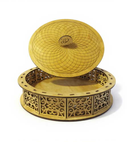 Box orientale ronde en bois 380x380x50mm, motifs arabesques ajourés, artisanat français